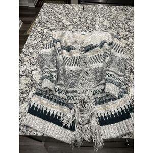 Gabi Grey Blue Beige Fair Isle Waterfall Fine Knit Longline‎ Cardigan - Size XXS